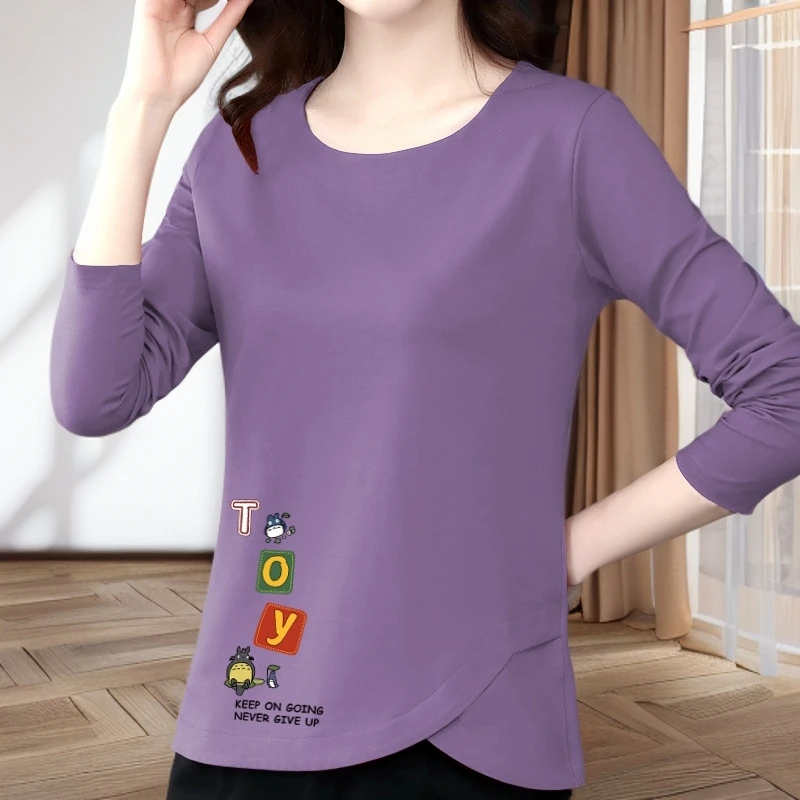 100%纯棉长袖t恤女春秋新款遮肚宽松显瘦收腰不规则打底衫韩版