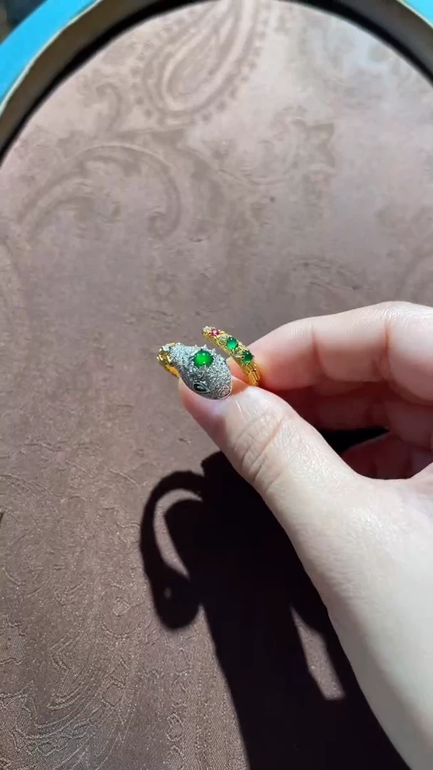 银S925镀金镶嵌戒指翡翠红翡绿翠