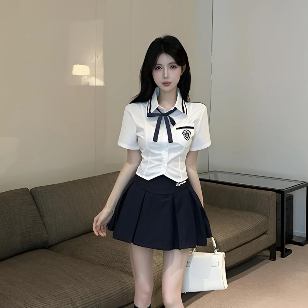 学院风jk套装夏季辣妹气质显瘦短袖白色衬衣高腰百褶裙制服两件套