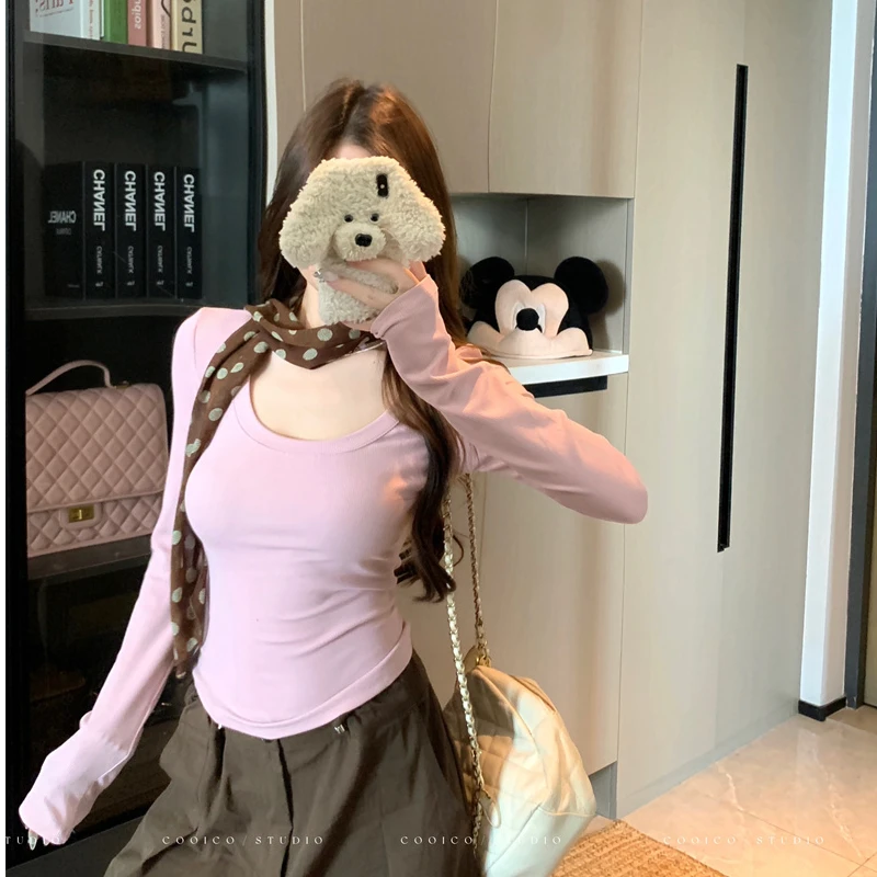 巨好看低领粉色长袖t恤修身早秋季穿搭纯欲慵懒风漂亮女装