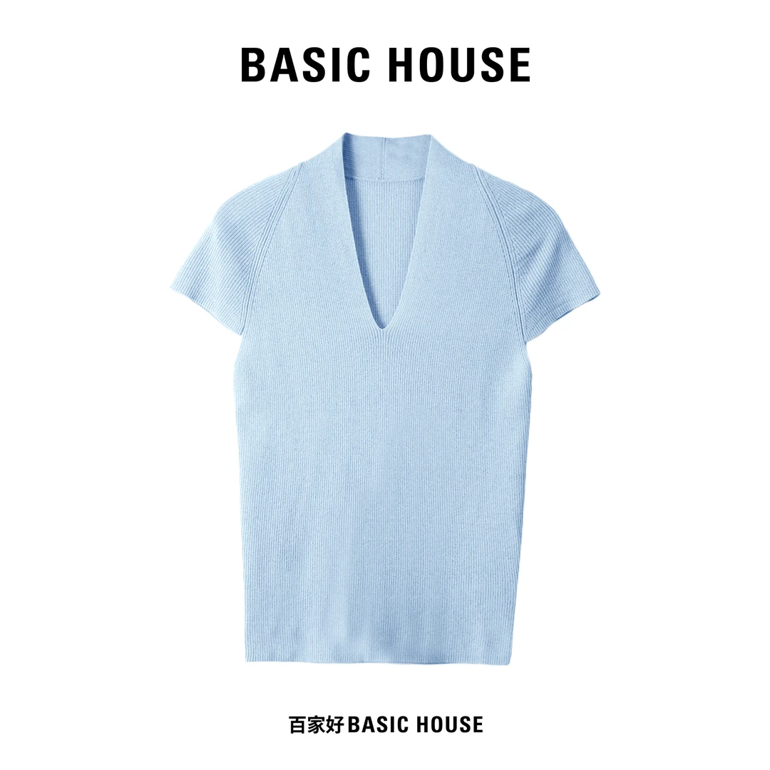 Basic House/百家好短袖深V领针织衫甜美透气针织衫女装极简风