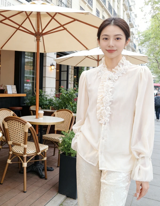 JY  2025新款秋冬长袖轻奢高级气质玫瑰时尚丝绒衬衫361-510-511