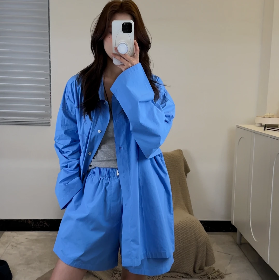 逸语2025夏季韩版休闲套装衬衣短裤长袖休闲风显瘦纯色时尚百搭