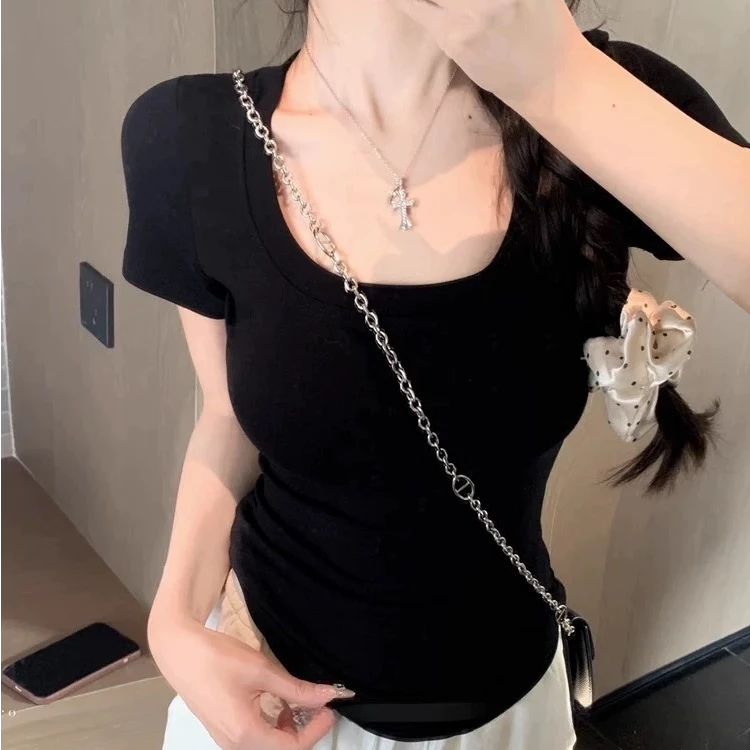 盐系正肩短袖t恤女夏季新款修身显瘦纯欲风掐腰上衣u领内搭百搭