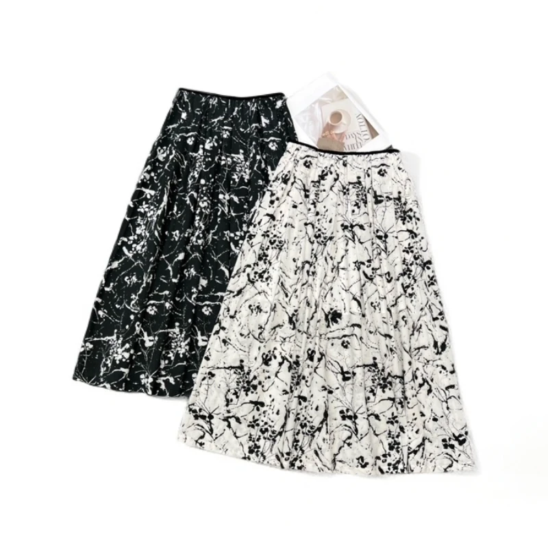 90102 百搭碎花水墨风开叉半身裙A字裙度假海边百褶裙子复古