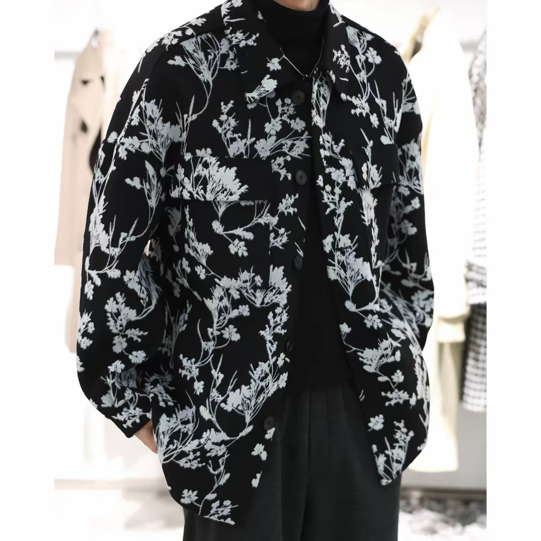 原创设计秋款日系工装风格水墨感提花双面呢衬衫款夹克外套23761