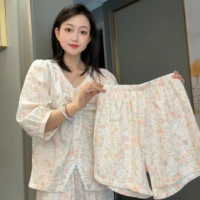 2025夏季爆款睡衣女清新可爱中袖家居服三件套装可外穿