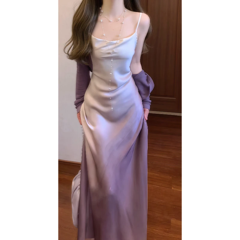 法式浪漫温柔渐变晕染吊带连衣裙收腰气质长裙&针织开衫外套9779