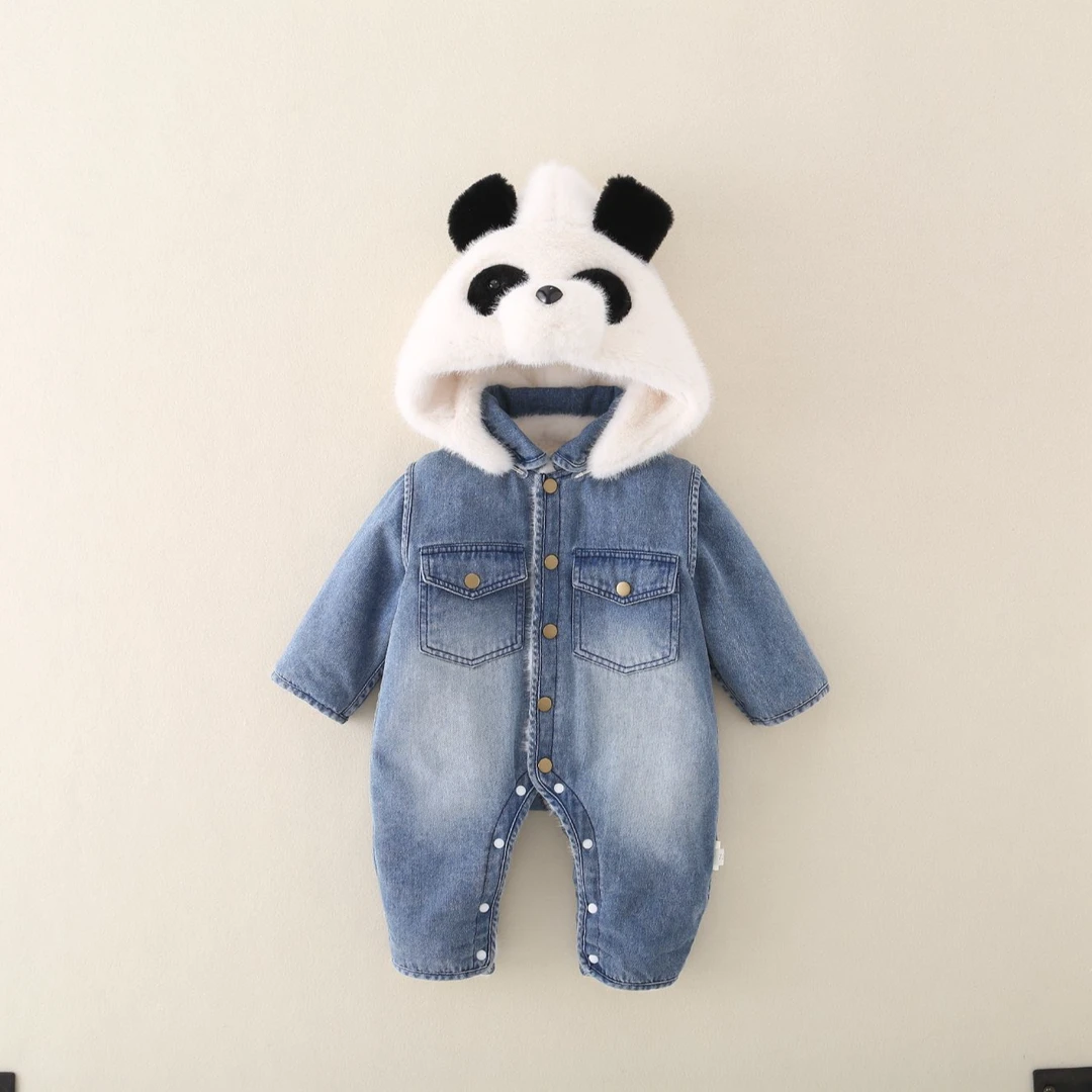 婴幼儿爬服牛仔宝宝冬季连体衣新生儿连帽加厚加绒卡通保暖