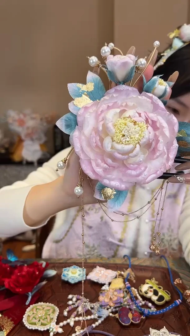 刺绣好*葱牡丹  非遗绒花（发饰）