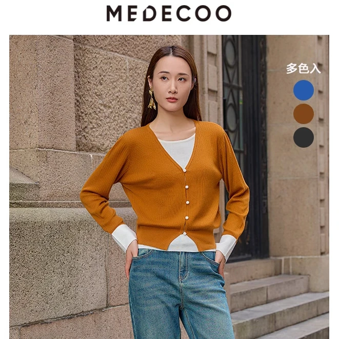 MEDECOO/墨蒂珂冬季新款撞色长袖假两件套头针织衫女TID40308