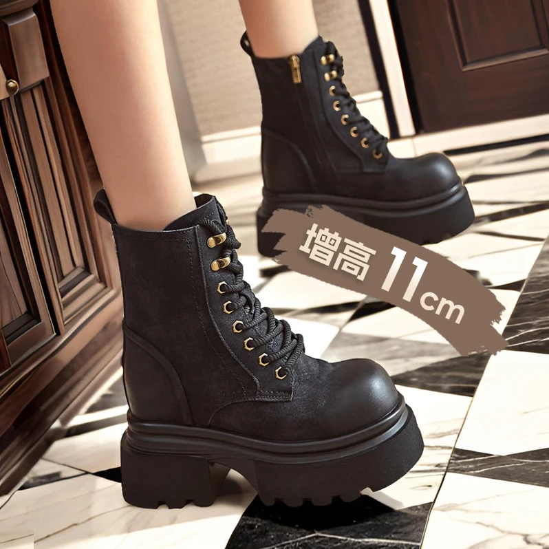 艾格鸟增高11cm马丁靴女2025冬新款加绒瘦瘦靴短靴厚底内增高女靴