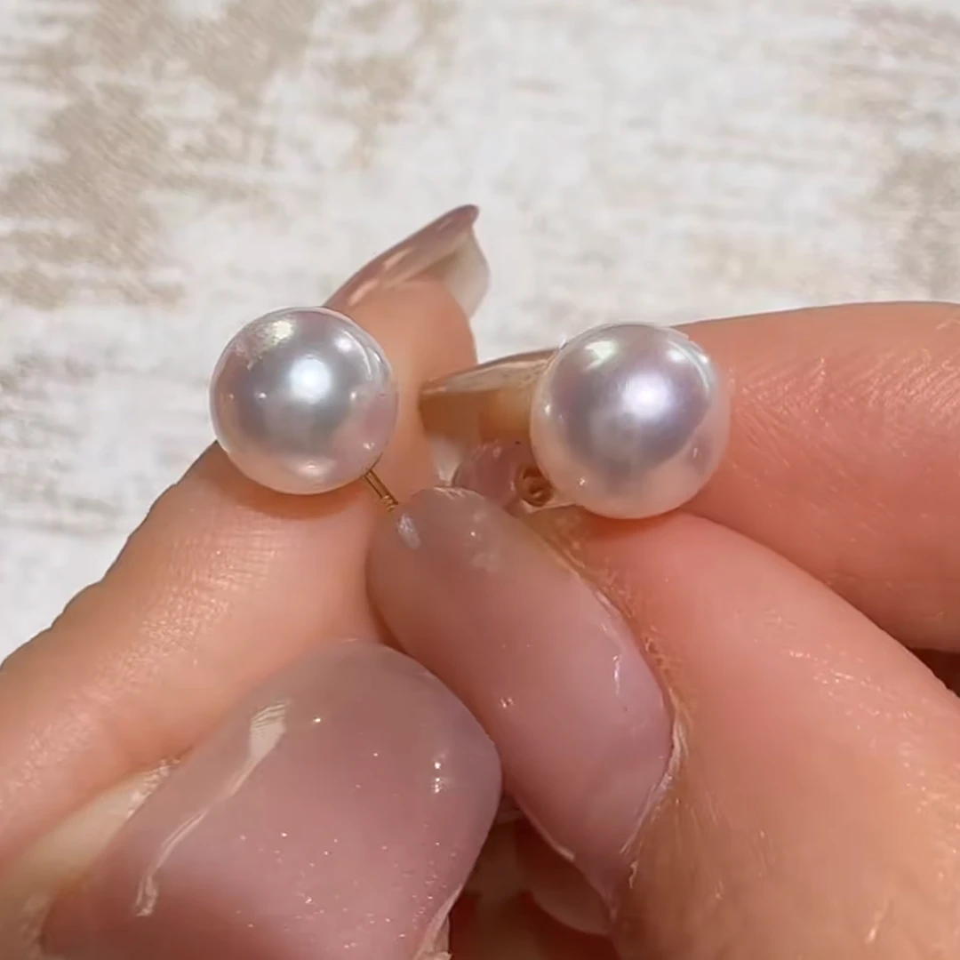HN10010丨海水Akoya 花珠耳钉 7-8mm 18k金 真科研大证