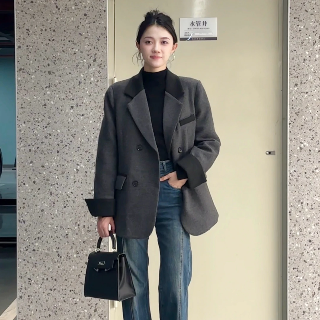 时尚设计感羽绒内胆英伦风女2025冬季新款韩系宽松保暖西装外套