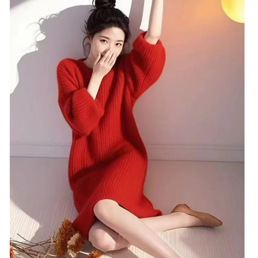 配大衣冬裙高级感气质漂亮独特小个子内搭加厚红色短款针织连衣裙