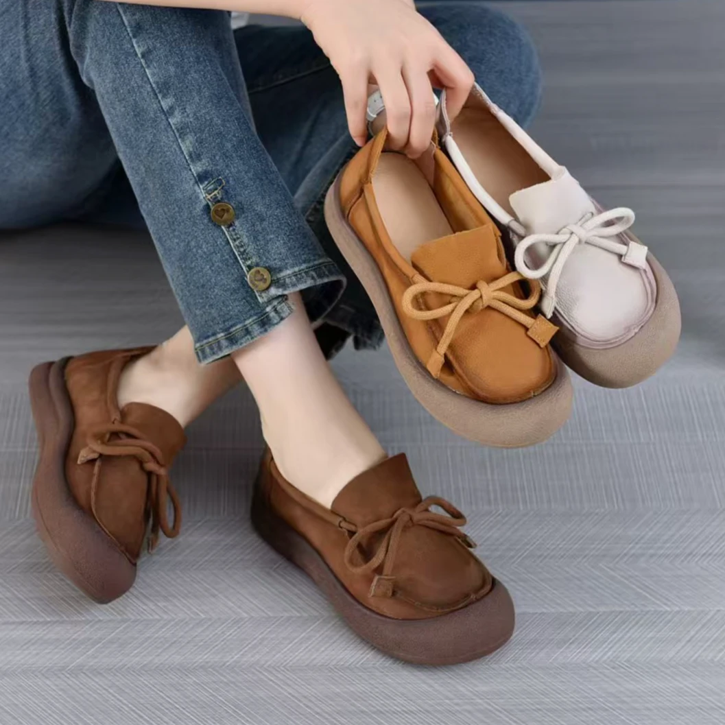 58698祥秋季新款复古牛皮软底妈妈鞋民族风单款透气百搭圆头女鞋