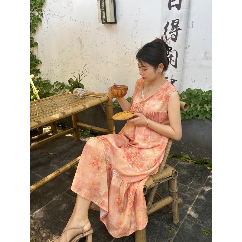 连衣裙女气质夏季复古中式印花裙子蛋糕大版显瘦碎花日常
