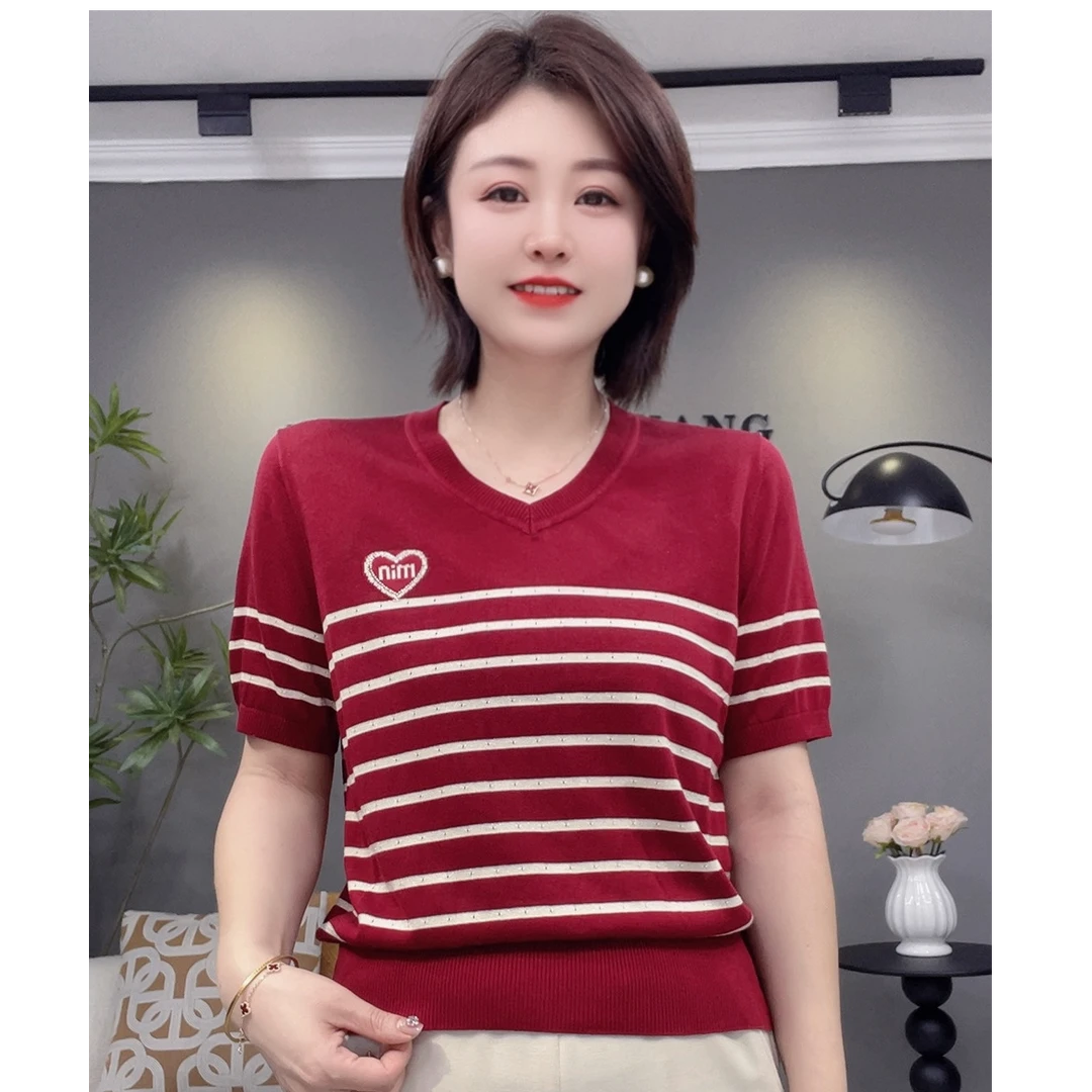 新款V领条纹减龄天丝半袖99205