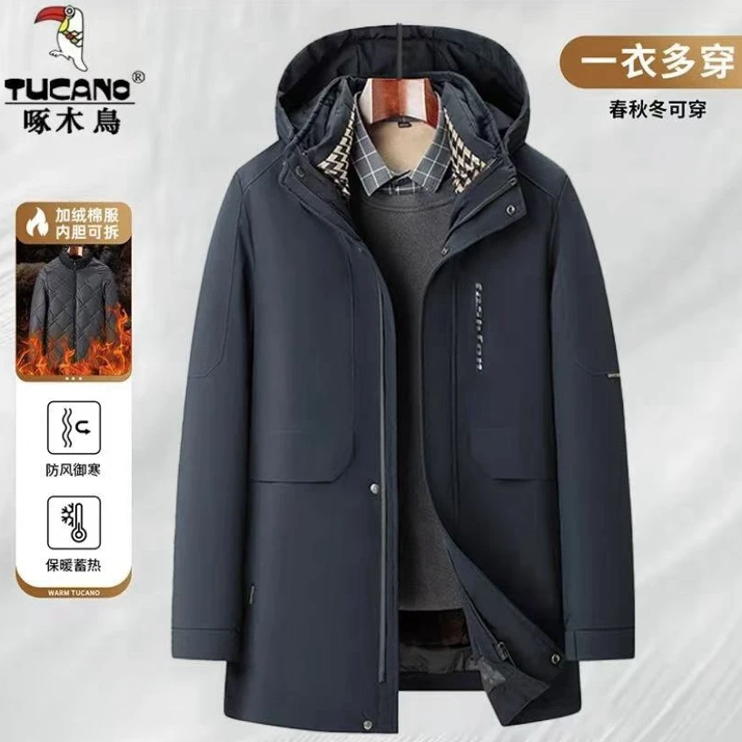 啄木鸟可拆卸内胆中长款爸爸装棉衣2024冬季新款加绒加厚棉服外套