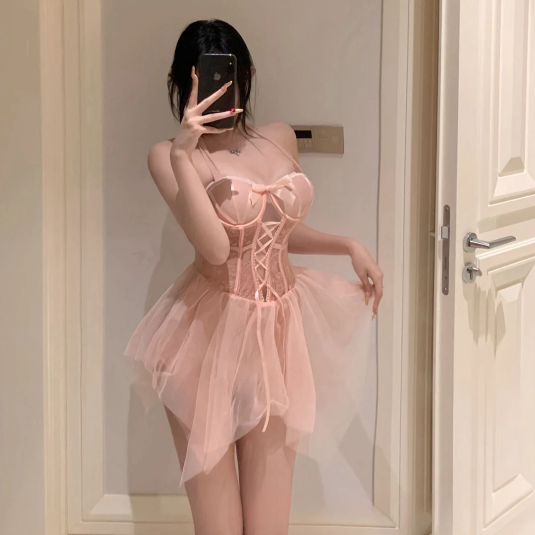 性感蕾丝网纱女士纯欲风显瘦聚拢镂空塑身吊带睡裙欧绑带塑形睡衣