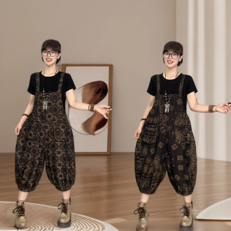 『豪雅』2025夏款提花复古炒色牛仔背带裤休闲大码女装时尚宽松显瘦