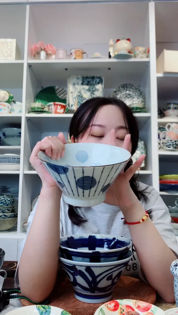 陶瓷三峰水玉十草高脚斗笠碗16cm