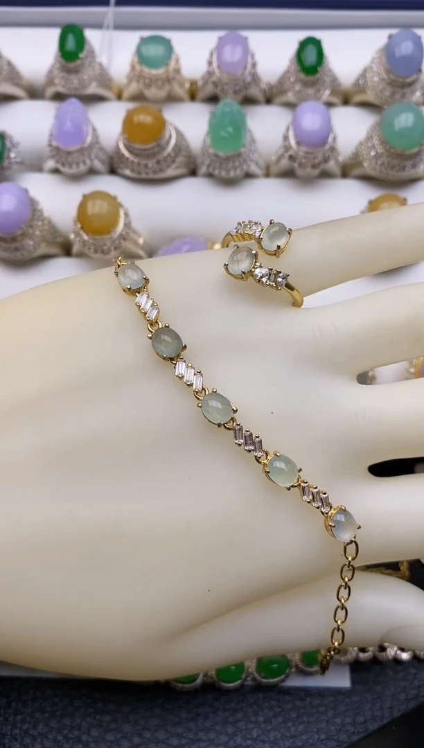 翡翠戒指银S925镶嵌手链福利两件套5589