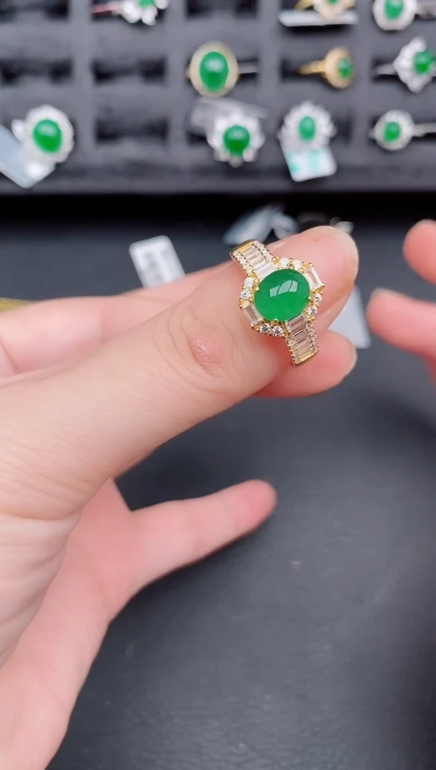 银S925镶嵌戒指翡翠天然a货翡翠374