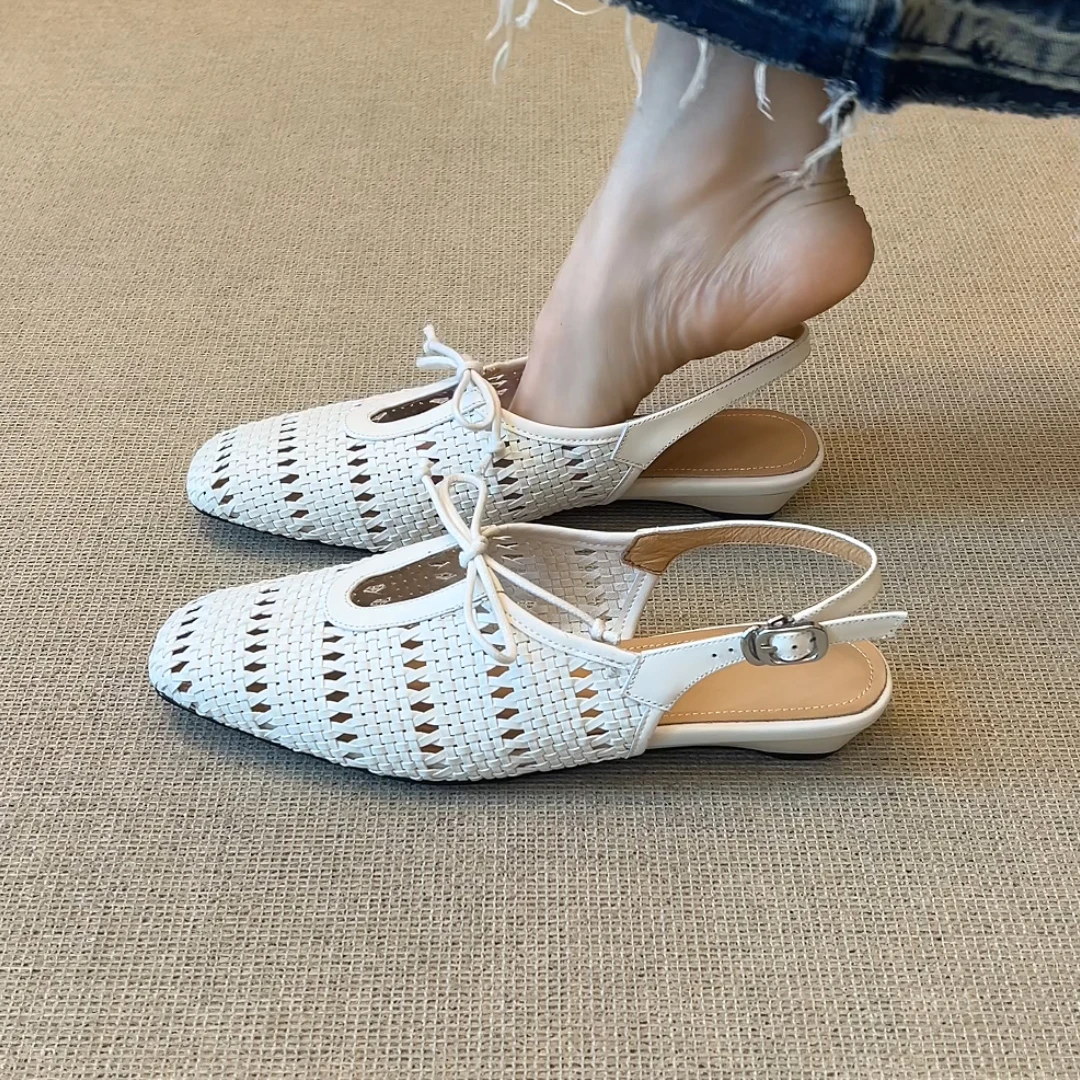 RubyL/2cm夏季新款时尚编织镂空舒适百搭系带镂空跟纯色方头凉鞋