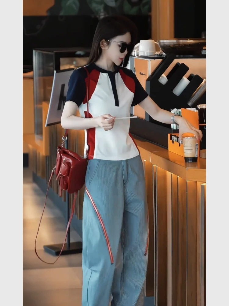 夏季减龄一整套运动系日常休闲美式复古拼接短袖牛仔裤套装时尚感