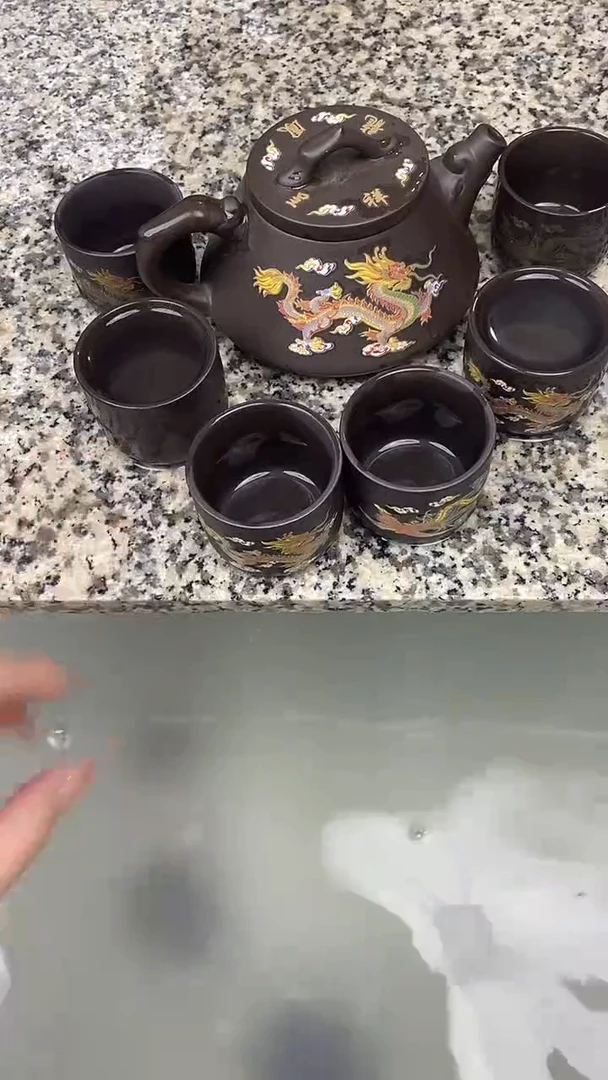 紫砂套装大容量380cc龙凤石瓢凤鸣壶  一壶六变色杯