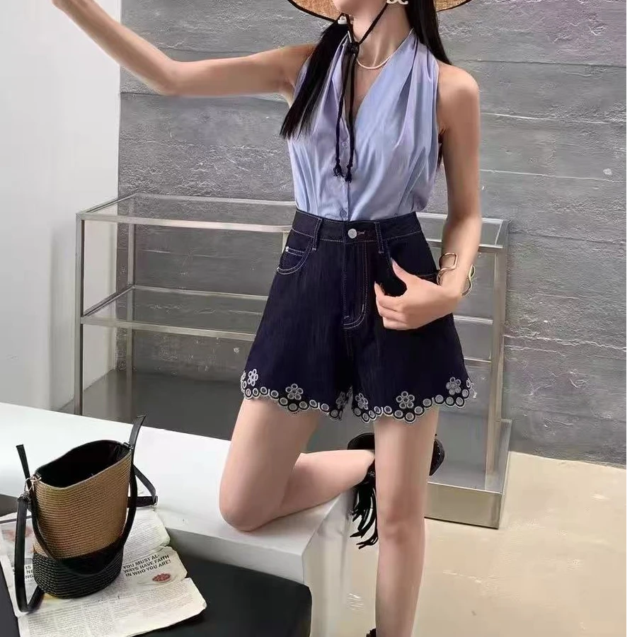 夏季透气复古港风刺绣高腰显瘦性感风短裤H7937