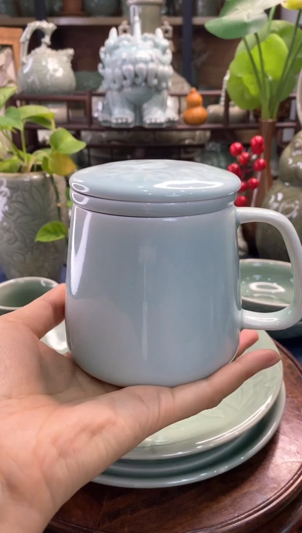 耀州窑 微瑕 天青牡丹素面茶漏杯【b000119】1只