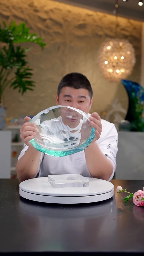 摆件湖水绿不规则切面果盘+底座