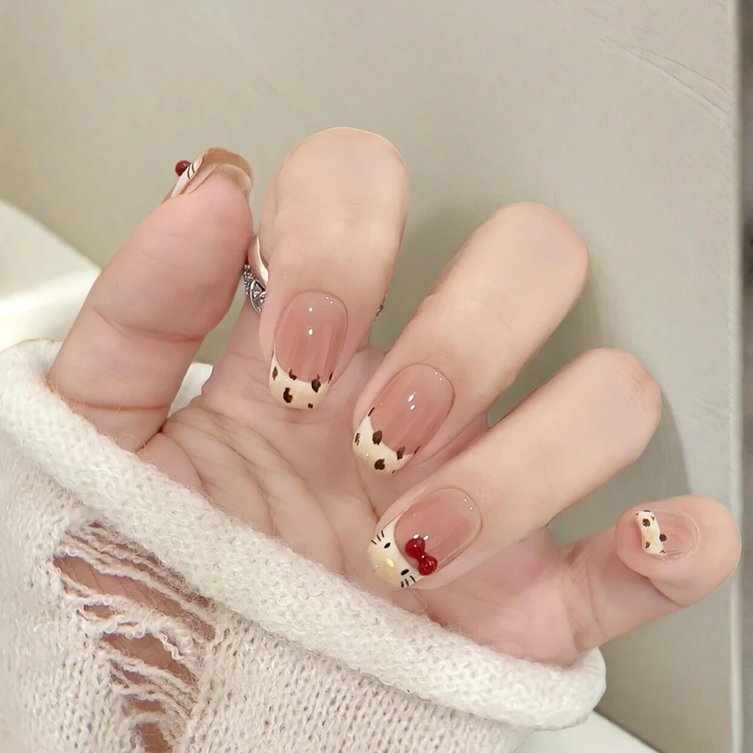 【小奶猫】豹纹KT猫腮红美甲穿戴甲短款显白手工穿戴甲可爱指甲贴片