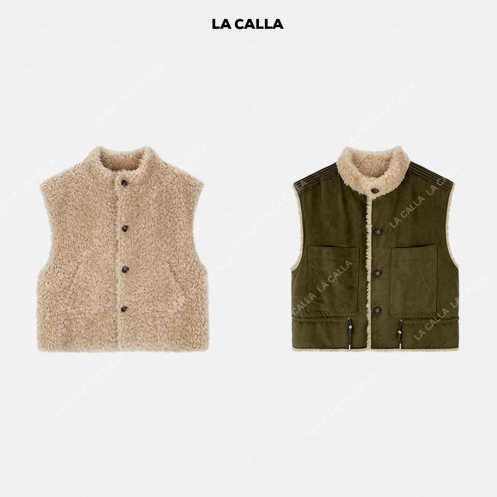 LA CALLA 100绵羊毛中古毛领皮毛一体皮草口袋抽绳马甲WD25W18