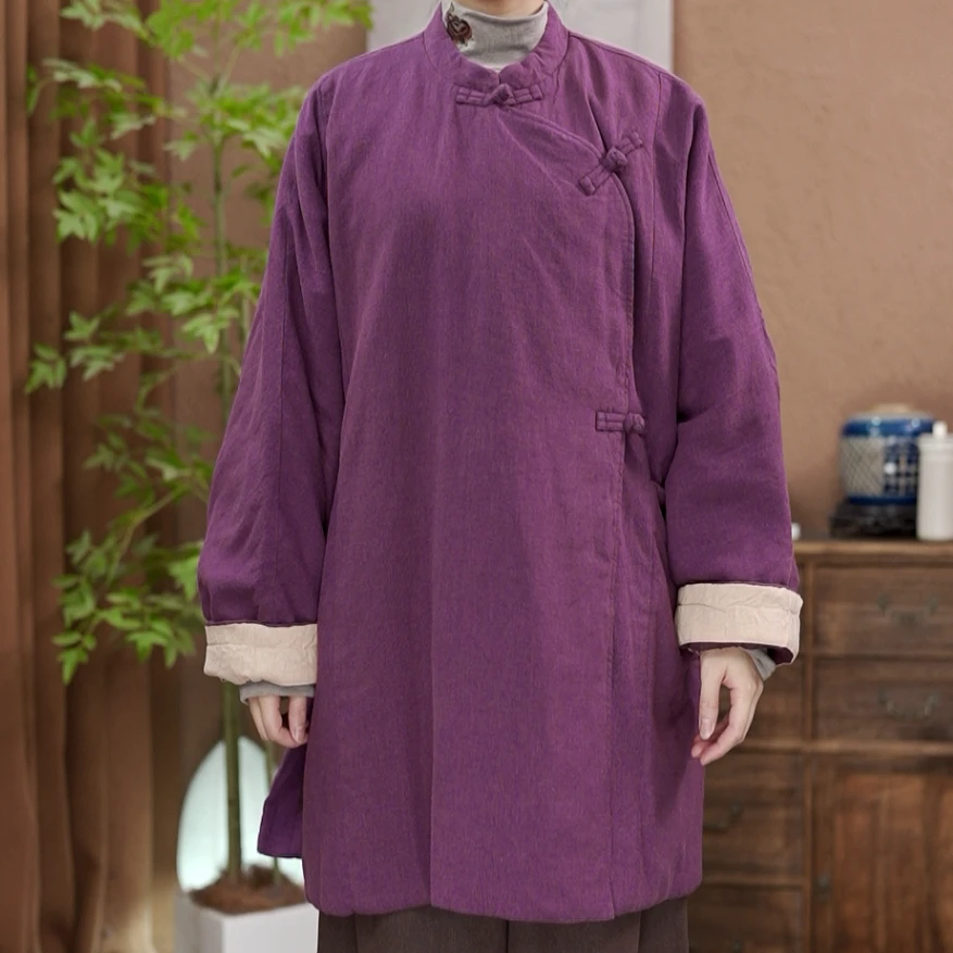 【原制原味】3072冬季亚麻斜襟加厚时尚保暖中式夹棉纯色宽松棉服