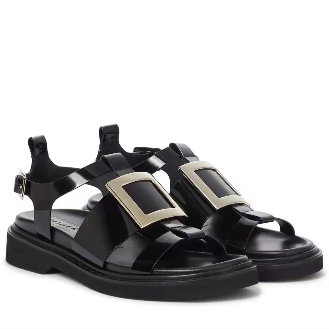 未使用 Roger Vivier/罗杰·维威耶 RV黑色方扣凉鞋 37.5