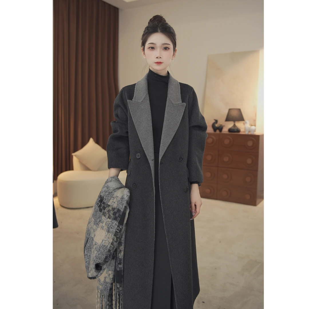 山羊绒秋冬新品网红休闲中长款百搭双面穿气质西装领女士羊毛大衣