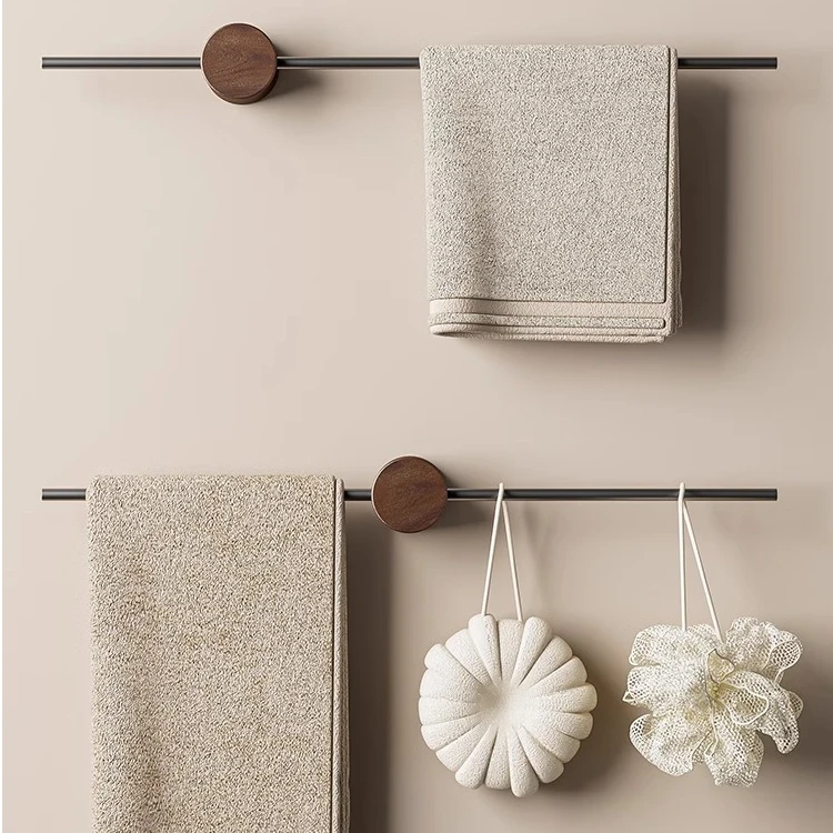 胡桃木毛巾架卫生间免打孔浴室一字极简毛巾挂杆单杆太空铝挂架子