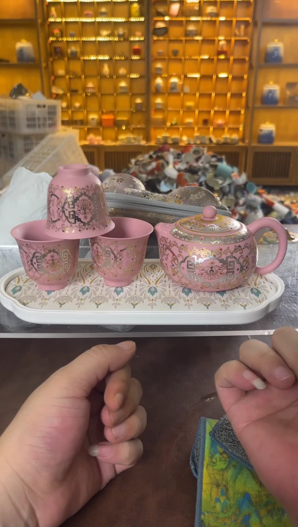 瓷片花溪陶瓷00000粉紫砂壶套组+茶盘