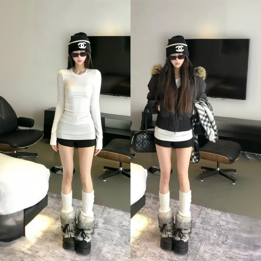 白色修身中长款打底衫女遮屁股内搭冬季时尚紧身显瘦加长包臀上衣