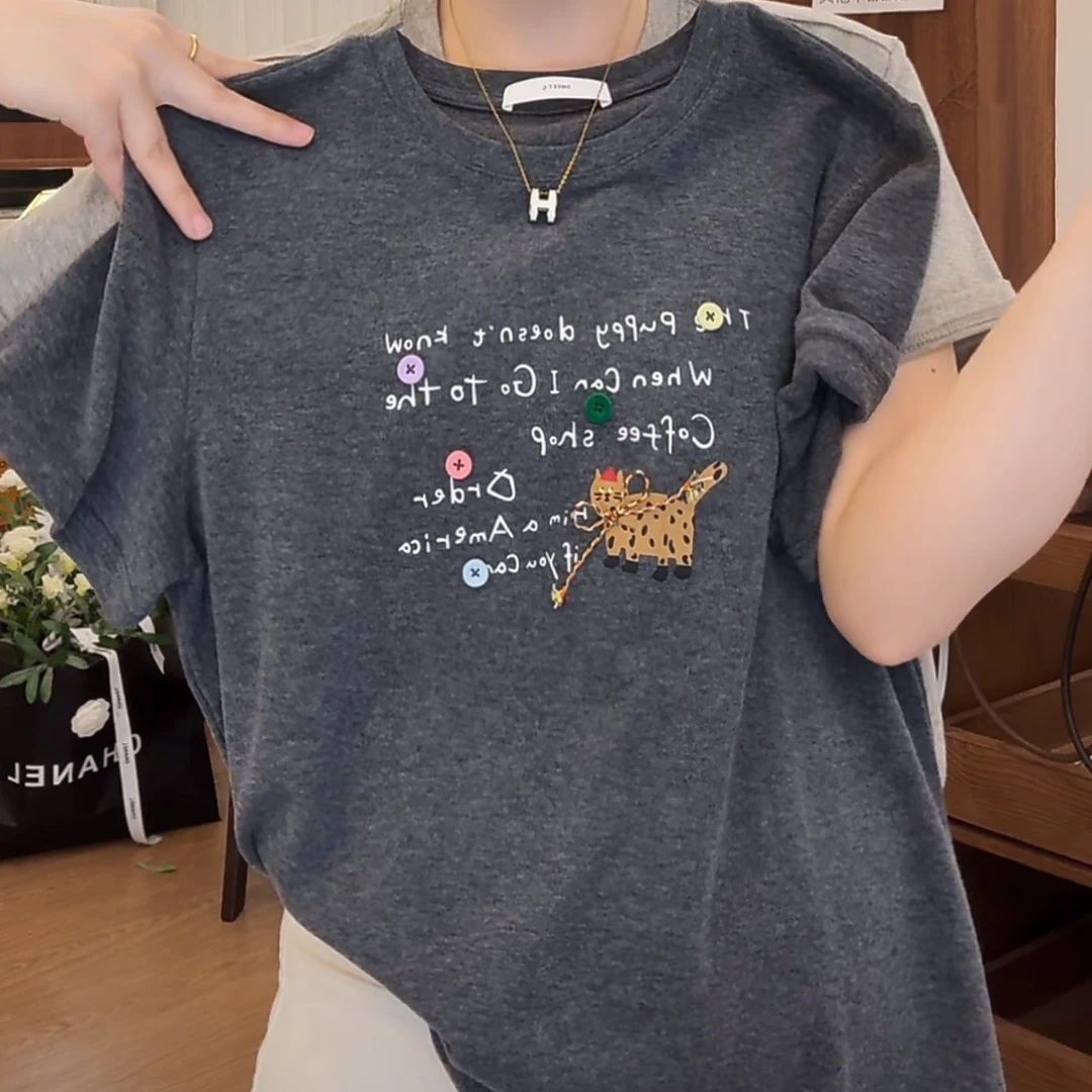 2025夏季新款设计感韩版正肩斑点猫短袖T恤女ins舒适气质百搭上衣