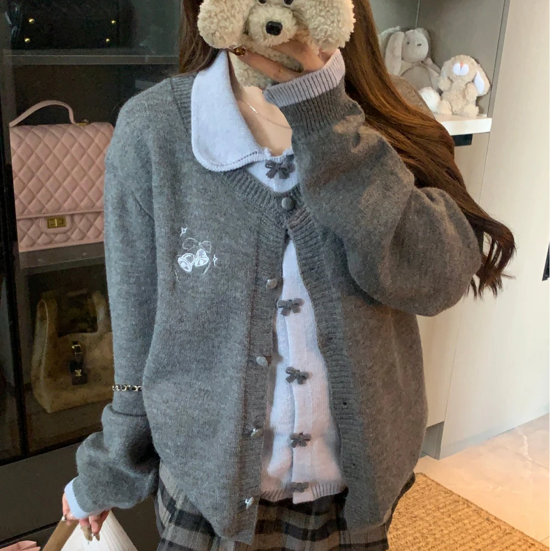韩系爆款蝴蝶结扣蓝色假两件开衫毛衣女秋冬小众秋天上衣女新款