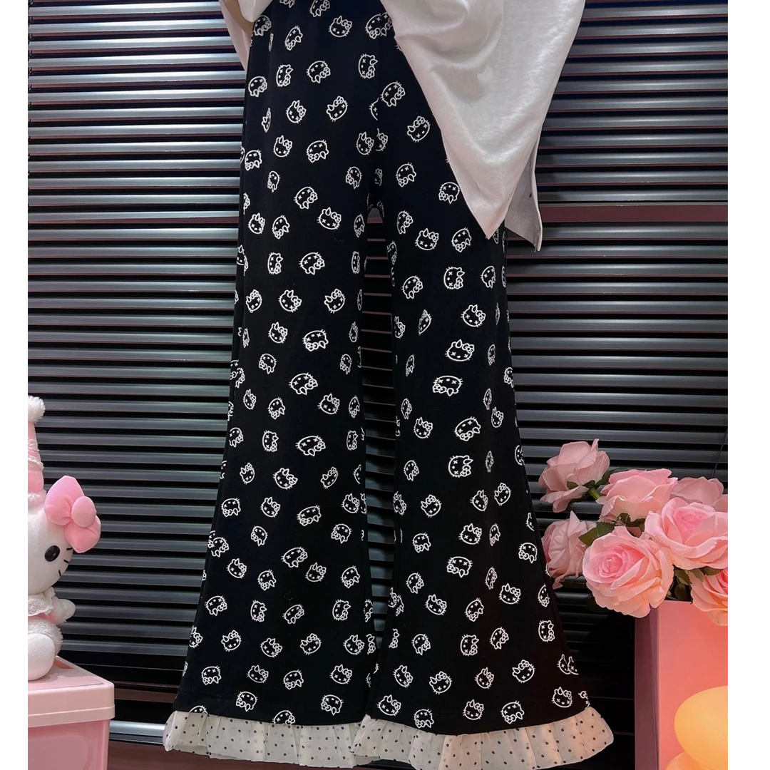 【纯熙+】30260春季新款可爱图案九分微喇裤女韩版高弹拼接休闲裤