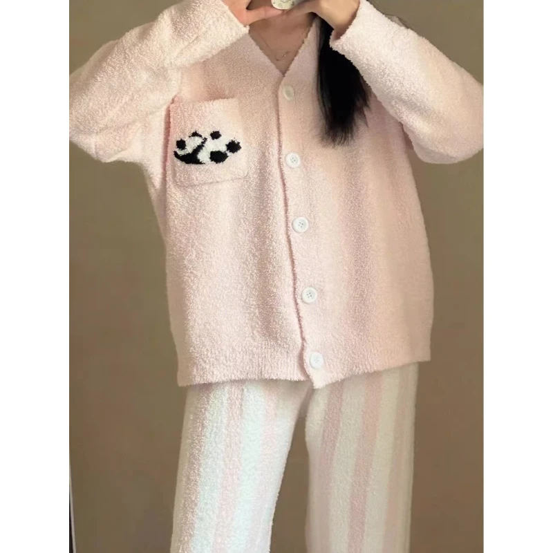 可爱粉熊猫印花半边绒睡衣女秋冬款条纹长裤保暖家居服套装可外穿