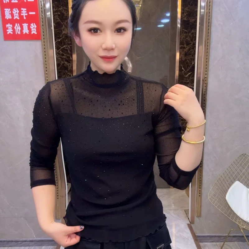 显瘦半高领打底衫2025秋冬新款网纱女装内搭黑修身长袖T恤女气质