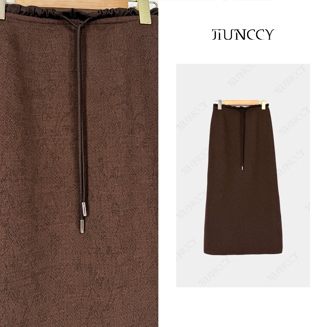 JIUNCCY【花耳】山羊绒羊毛混纺木耳花边腰后开衩毛呢半裙 52YBQ010