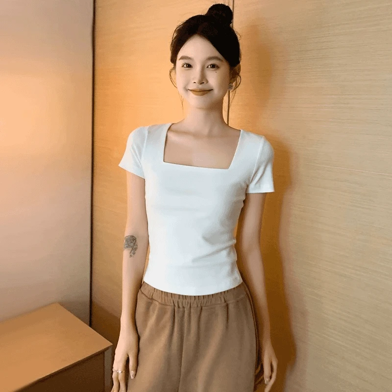 精致白色夏季方领短袖t恤女2025新款修身辣妹运动休闲时尚上衣ins