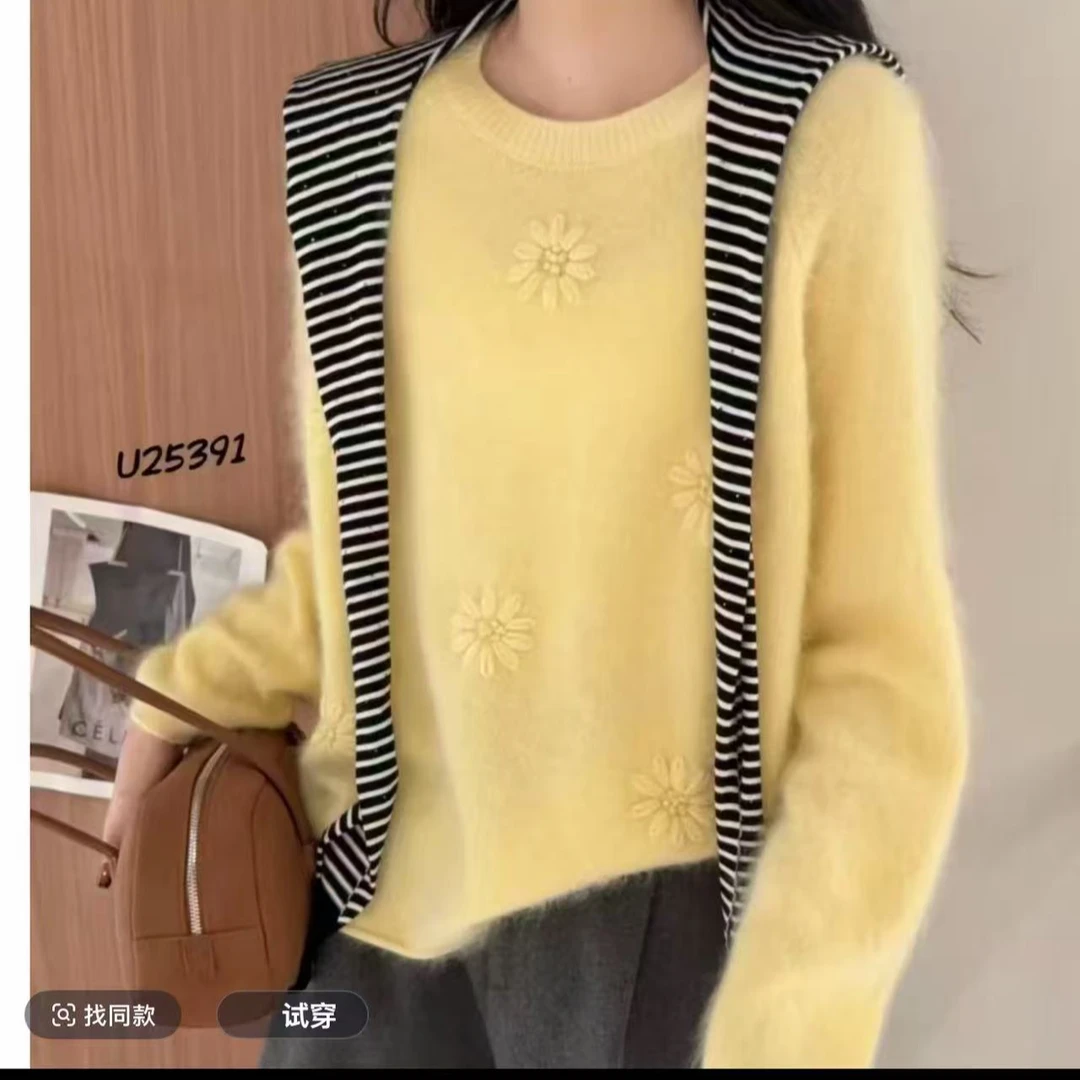 特！手工花朵~100纯羊毛《衣长60胸围58》拉绒工艺毛衣女~FF123